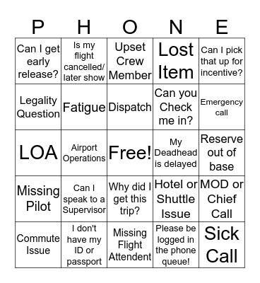 Phone Call Observations Bingo Card