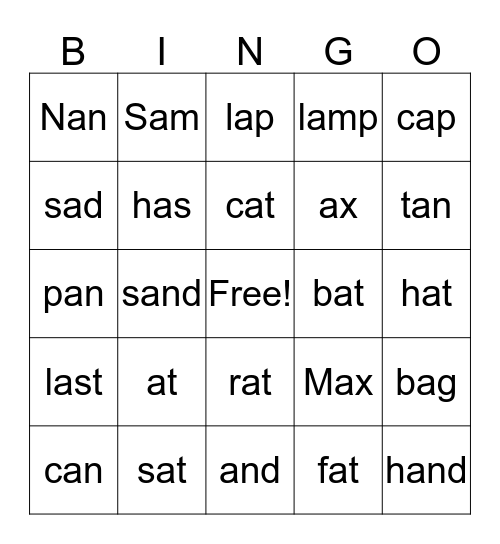 Short a Bingo Card