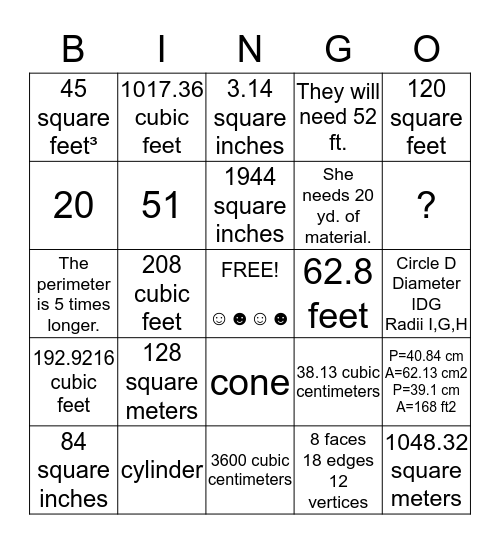 Middle School Math Course 1 Chapter 10 Bingo Card