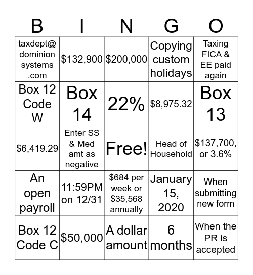 Payroll YE Bingo Card