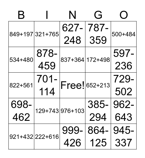 3 digit + and - Bingo Card
