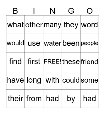 Sight Word Bingo Card