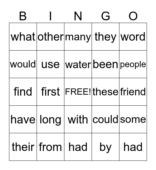 Sight Word Bingo Card