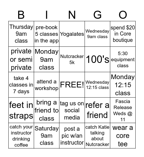 CORE PILATES Bingo Card