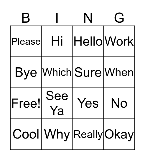 Social Words Bingo Card