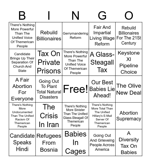 Pat's Absurdist Debate Bingo Card