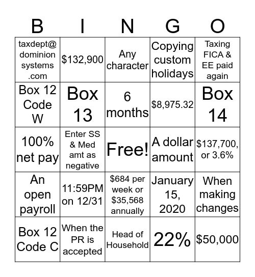Payroll YE Bingo Card