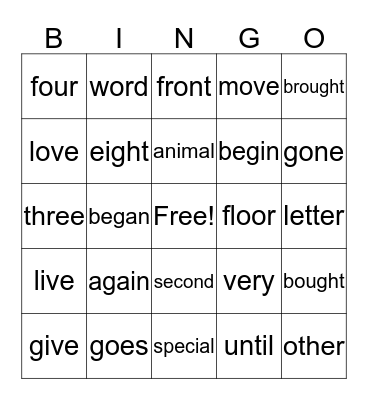 Theme 1 High Frequency Words Bingo Card