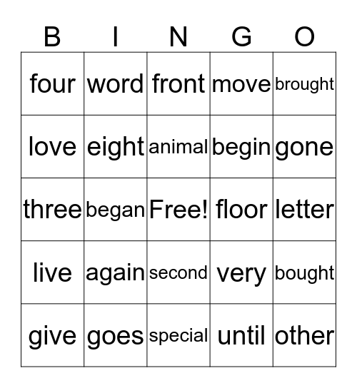 Theme 1 High Frequency Words Bingo Card