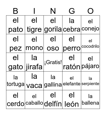 Los Animales Bingo Card
