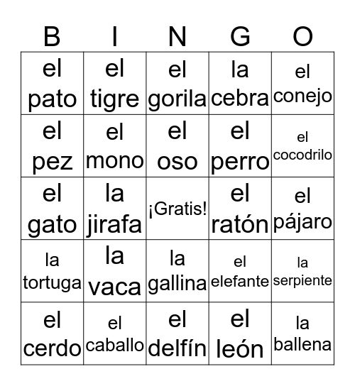 Los Animales Bingo Card