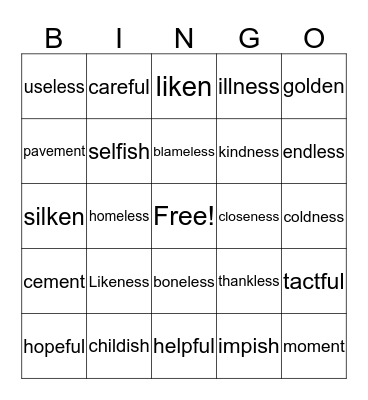 Suffix blends Bingo Card