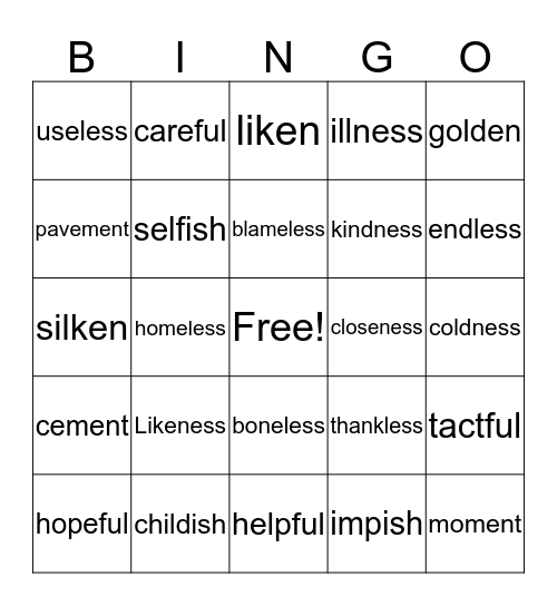 Suffix blends Bingo Card