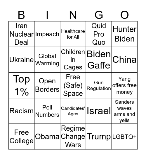 Oct. 15th Democratic Debate Bingo Card