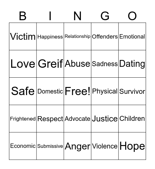 Domestic Violence Bingo Card