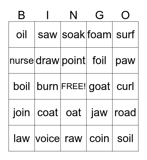 Review sounds /aw/ /oi/ /oa/ /ur/  Bingo Card