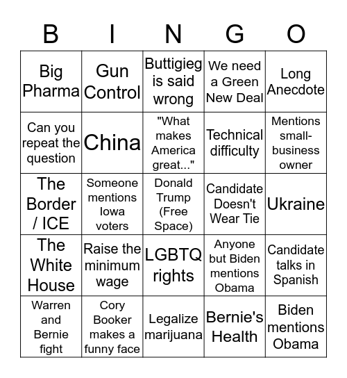 Democratic Debate Bingo Card