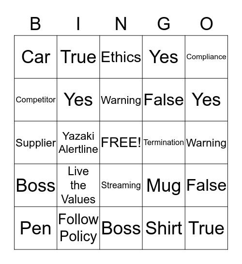 Compliance Bingo Card