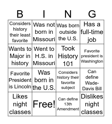 History 102 Bingo Card