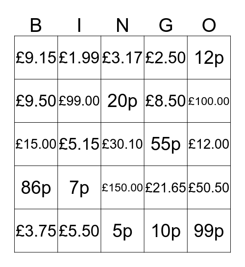 prices  Bingo Card