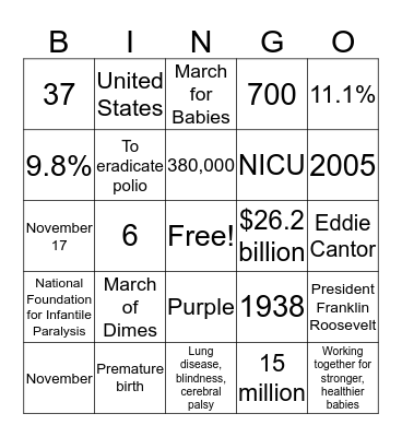 March of Dimes Bingo Card