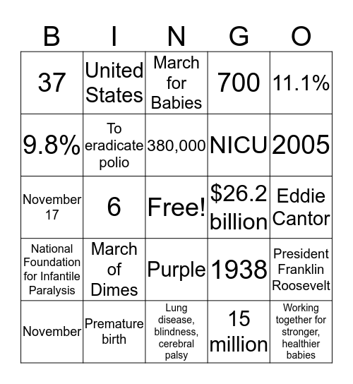March of Dimes Bingo Card