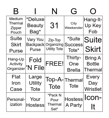Thirty-One Bingo Card