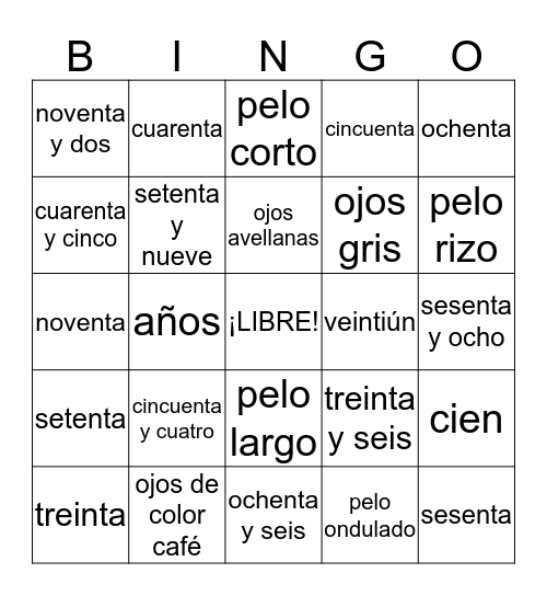 Números 30-100-Ojos-Pelo Bingo Card