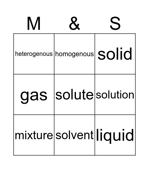 Mixtures and Solutions Bingo Card