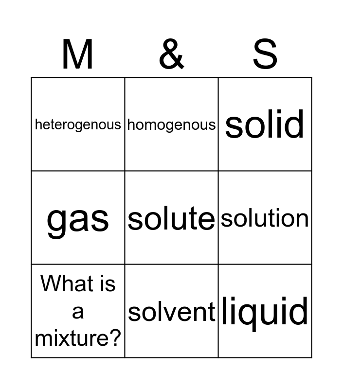 Mixtures and Solutions Bingo Card