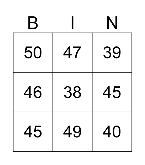 Numbers 30-50 Bingo Card