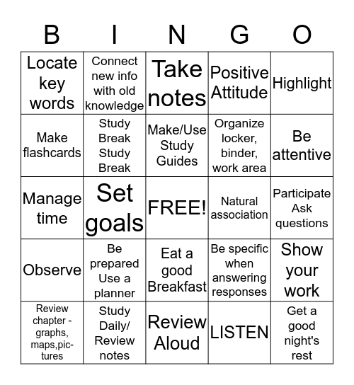 Study Skills and Test Strategies Bingo Card