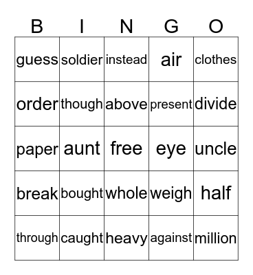 2nd Grade Tricky Words Bingo Card