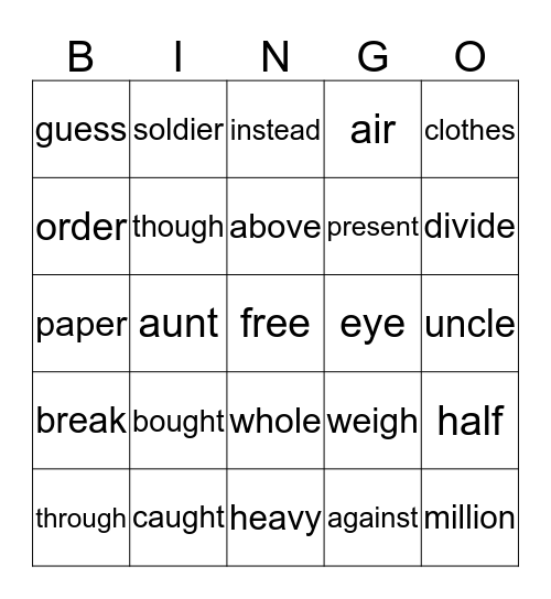 2nd Grade Tricky Words Bingo Card