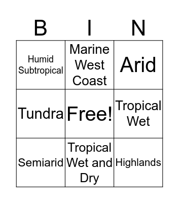 Climate Zones Bingo Card