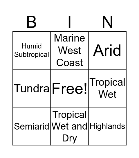 Climate Zones Bingo Card