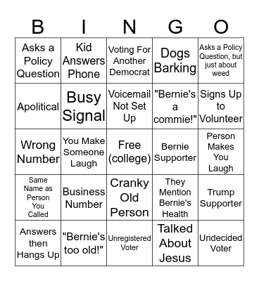 Bernie 2020 Bingo Card