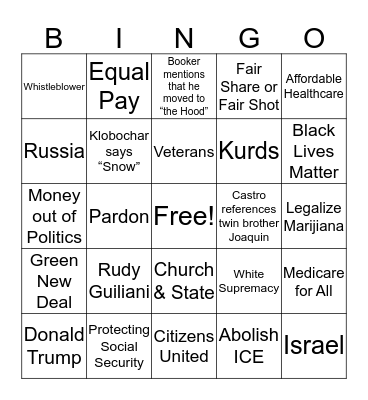 Democrats Debate October 2019 Bingo Card