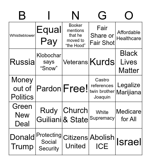 Democrats Debate October 2019 Bingo Card