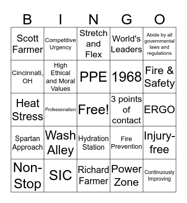 Spirit/Safety Bingo Card