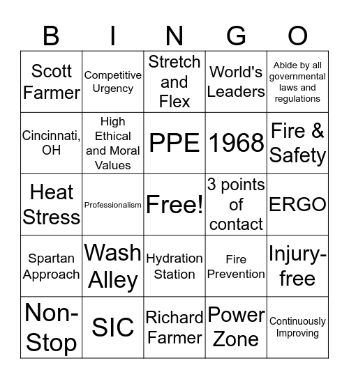 Spirit/Safety Bingo Card