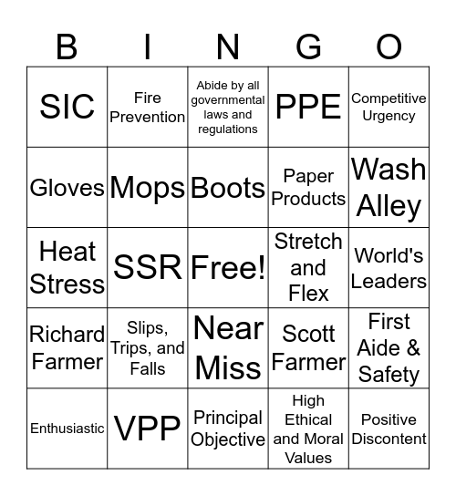 Spirit/Safety Bingo Card