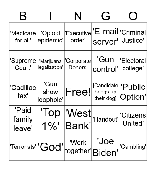 Pat's Democratic Debate Bingo Card