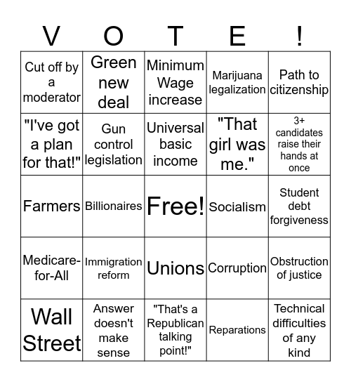 October Democratic Debate Bingo Card
