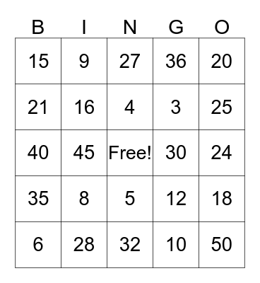 Multiplication Bingo Card