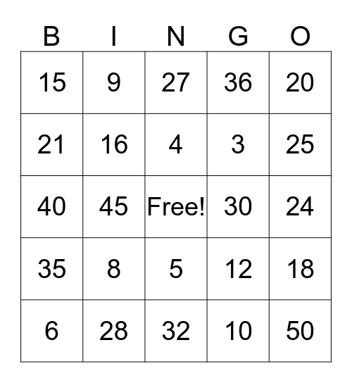 Multiplication Bingo Card