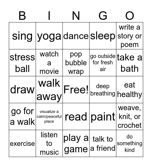 Coping Skills Bingo Card