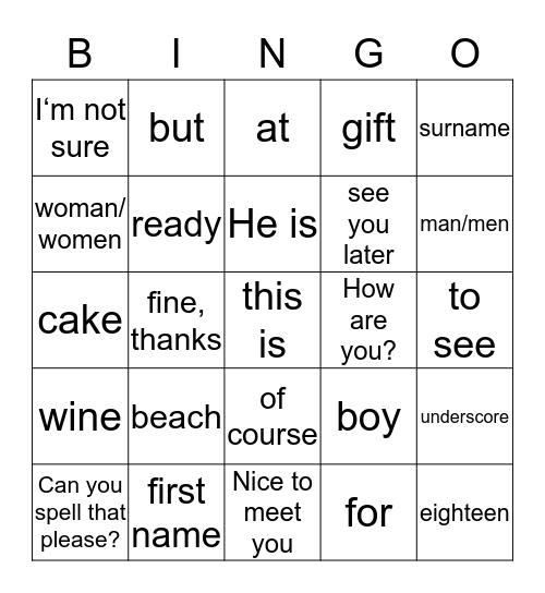 Vocabulary Unit 1 Bingo Card