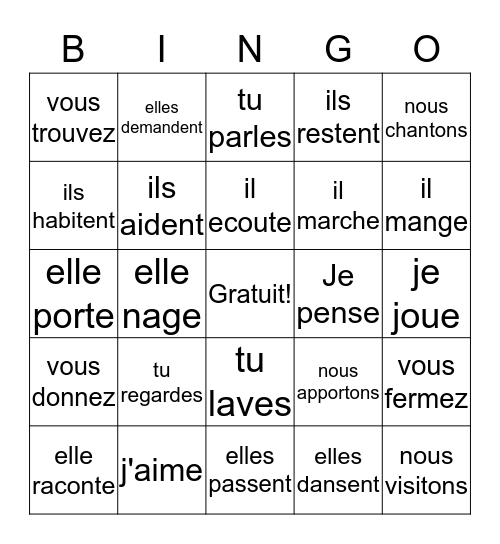 ER Verbs Bingo Card