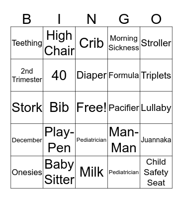 Aaliyah's Baby Shower Bingo Card